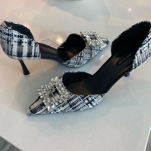 Tweed Plaid Rhinestone Heels